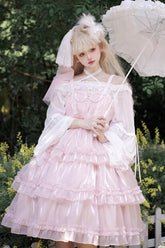 Robe Lolita Jsk Princesse Élégante Douce avec Nœud Papillon à Volants Multicouches en Gaze Rose